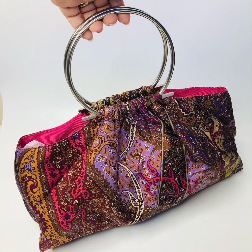 Echo 100% Silk Metal Hoop Paisley Tote Purse